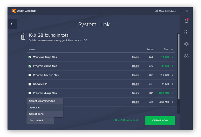 The Avast Cleanup System Junk directory, listing temp files, program cache files, backup files, and other unnecessary items.